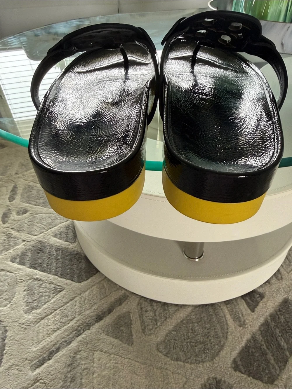 Tory Burch Miller Cloud Lug Sandal Black Patent Thong with Yellow Platform 10